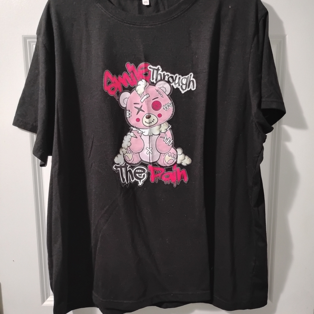 Black Graphic Women's Tee with Pink Bear Design